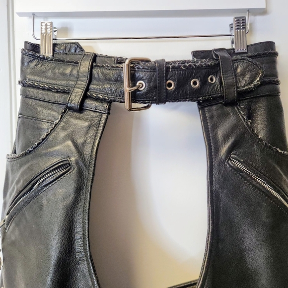 Highway Leather Black Low rise Motorcycle Leather Chaps Studded Biker Size M - Picture 5 of 17